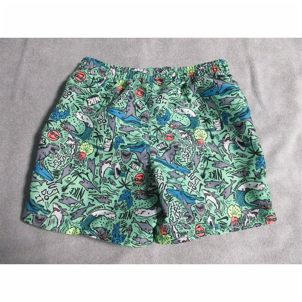 Nike Boys Swim Trunks Shorts Green Shark Party All-Over Print Youth M